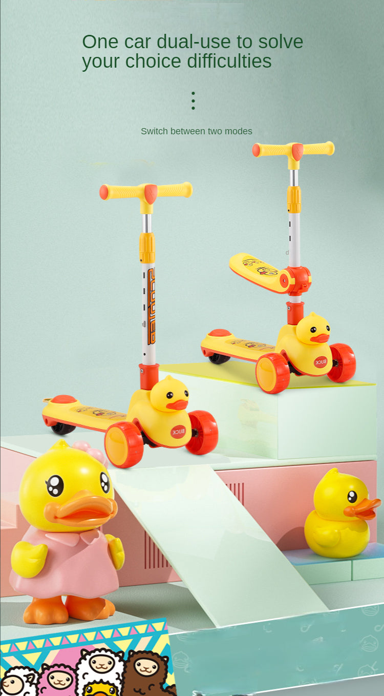 Wholesale high quality cartoon cute little yellow duck 3 in 1 kids scooter boy girl scooter with seat PU flash wheel